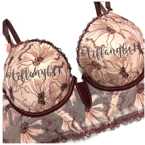 Cream & Maroon Long Line Floral Lace Push Up Bra - Picture 4 of 7